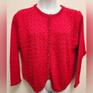 Vtg Bedford Fair Womens Beaded Sweater Cardigan Petite XL Red Holiday Christmas